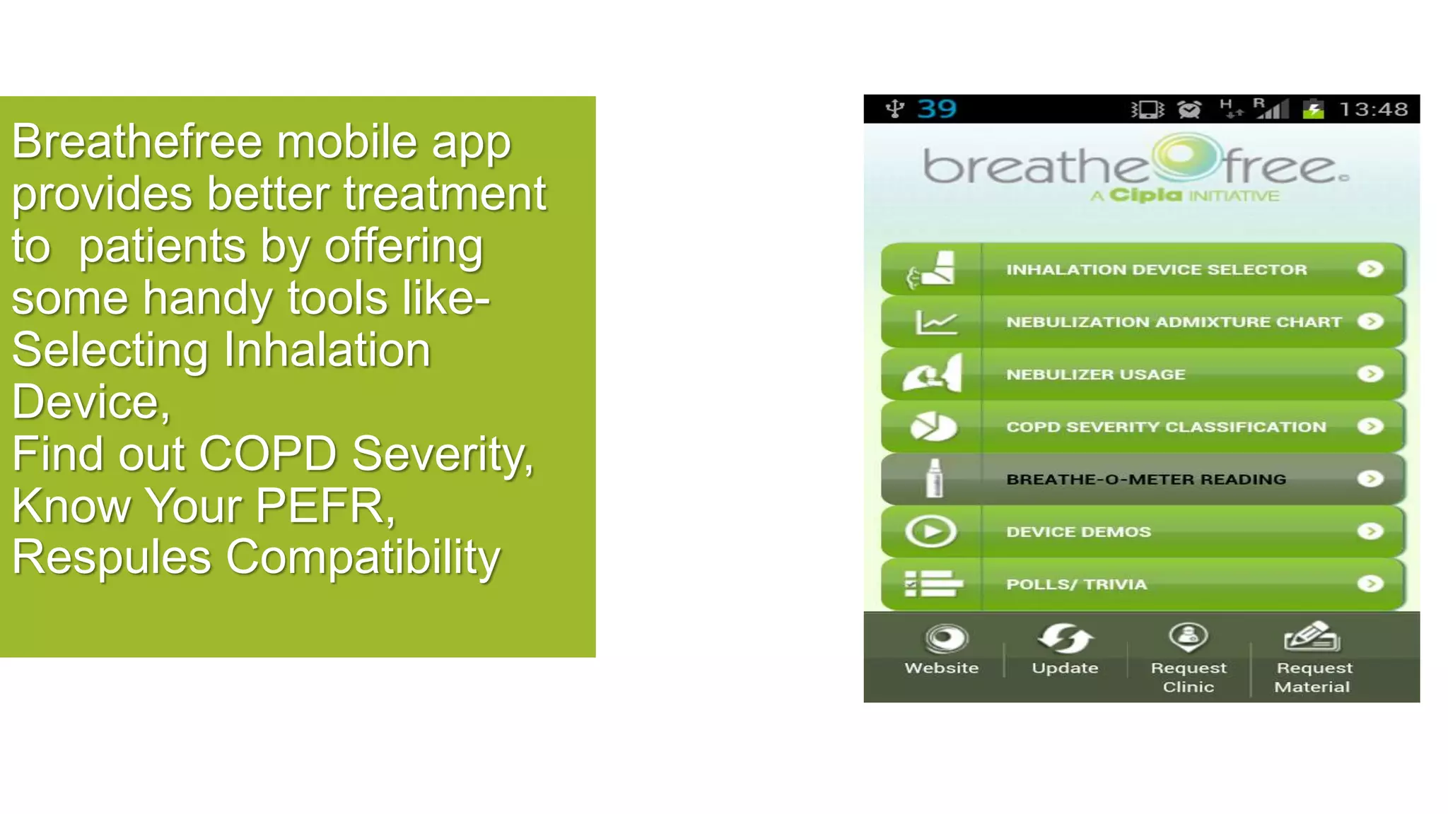 Breathefree mobile app
provides better treatment
to patients by offering
some handy tools like-
Selecting Inhalation
Device,
Find out COPD Severity,
Know Your PEFR,
Respules Compatibility
 