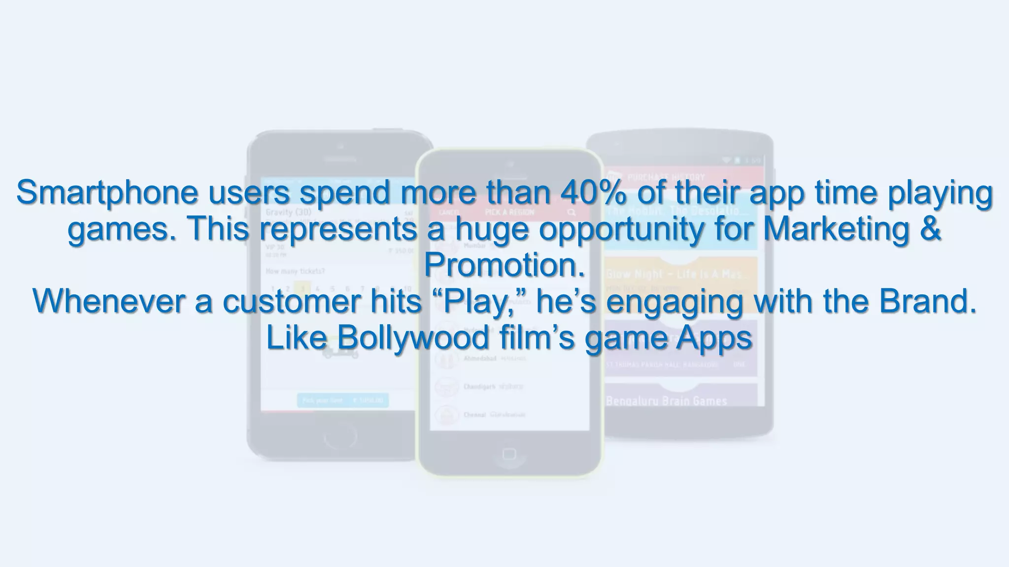 Smartphone users spend more than 40% of their app time playing
games. This represents a huge opportunity for Marketing &
Promotion.
Whenever a customer hits “Play,” he’s engaging with the Brand.
Like Bollywood film’s game Apps
 