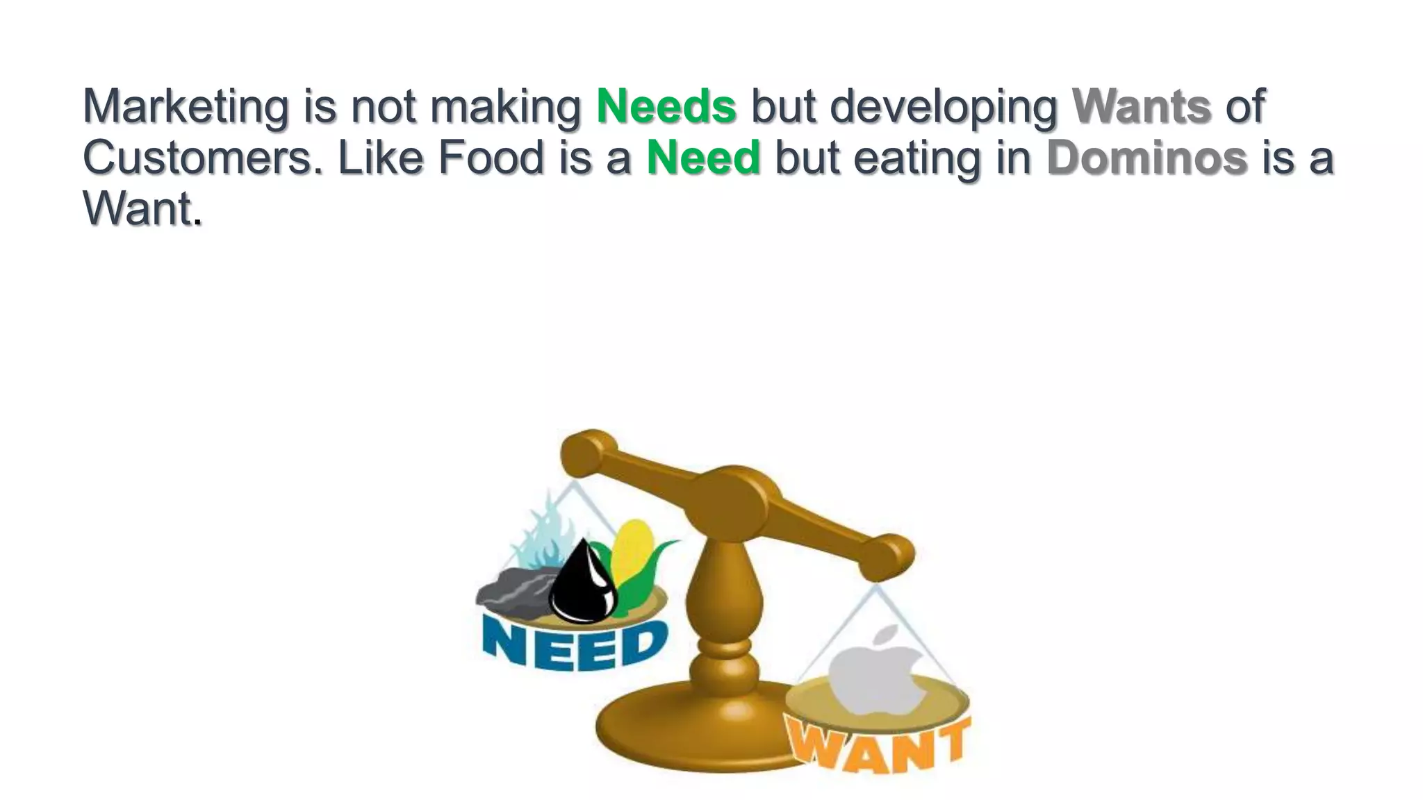 Marketing is not making Needs but developing Wants of
Customers. Like Food is a Need but eating in Dominos is a
Want.
 