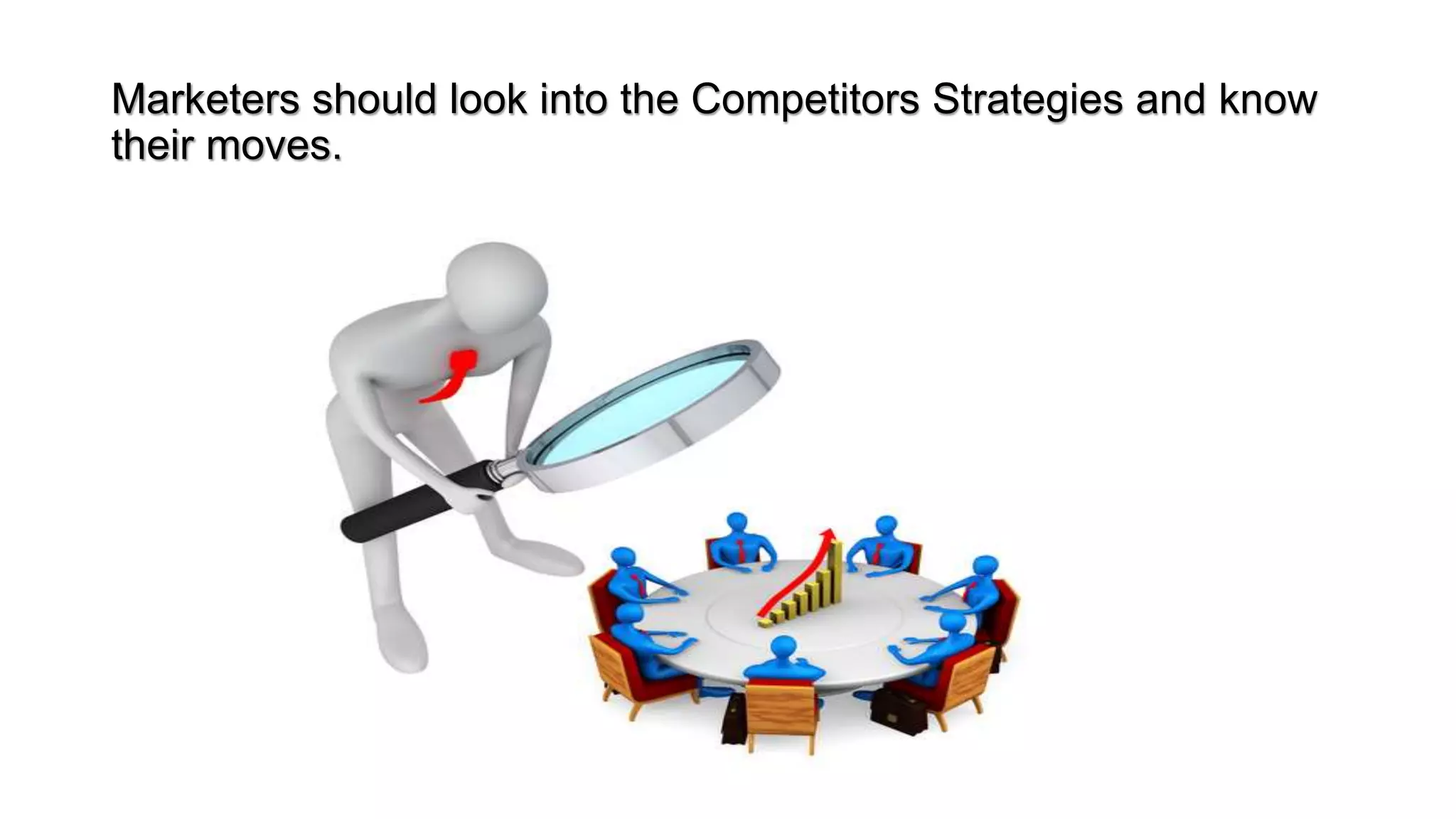 Marketers should look into the Competitors Strategies and know
their moves.
 