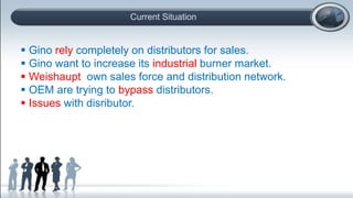Current Situation
 Gino rely completely on distributors for sales.
 Gino want to increase its industrial burner market.
 Weishaupt own sales force and distribution network.
 OEM are trying to bypass distributors.
 Issues with disributor.
 