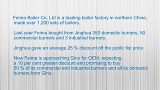 Feima Boiler Co. Ltd is a leading boiler factory in northern China,
made over 1,200 sets of boilers.
Last year Feima bought from Jinghua 350 domestic burners, 50
commercial burners and 3 industrial burners.
Jinghua gave an average 25 % discount off the public list price.
Now Feima is approaching Gino for OEM, expecting
a 10 per cent greater discount and promising to buy
50 % of its commercial and industrial burners and all its domestic
burners from Gino.
 