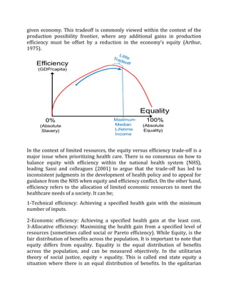 given economy. This tradeoff is commonly viewed within the context of the
production possibility frontier, where any additional gains in production
efficiency must be offset by a reduction in the economy's equity (Arthur,
1975).
In the context of limited resources, the equity versus efficiency trade-off is a
major issue when prioritizing health care. There is no consensus on how to
balance equity with efficiency within the national health system (NHS),
leading Sassi and colleagues (2001) to argue that the trade-off has led to
inconsistent judgments in the development of health policy and to appeal for
guidance from the NHS when equity and efficiency conflict. On the other hand,
efficiency refers to the allocation of limited economic resources to meet the
healthcare needs of a society. It can be;
1-Technical efficiency: Achieving a specified health gain with the minimum
number of inputs.
2-Economic efficiency: Achieving a specified health gain at the least cost.
3-Allocative efficiency: Maximizing the health gain from a specified level of
resources (sometimes called social or Pareto efficiency). While Equity, is the
fair distribution of benefits across the population. It is important to note that
equity differs from equality. Equality is the equal distribution of benefits
across the population, and can be measured objectively. In the utilitarian
theory of social justice, equity = equality. This is called end state equity a
situation where there is an equal distribution of benefits. In the egalitarian
 