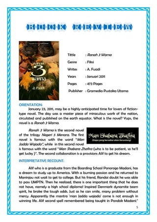 Tittle

: Ranah 3 Warna

Genre

: Fiksi

Writes

: A. Fuadi

Years

: Januari 2011

Pages

: 473 Pages

Publisher : Gramedia Pustaka Utama

ORIENTATION:
January 23, 2011, may be a highly anticipated time for lovers of fictiontype novel. The day was a master piece of miraculous work of the nation,
circulated and published on the earth equator. What is the novel? Yups, the
novel is a Ranah 3 Warna.

Ranah 3 Warna is the second novel
of the trilogy Negeri 5 Menara. The first
novel is famous with the word “Man
Jadda Wajada”, while in this second novel
is famous with the word “Man Shabara Zhafira (who is to be patient, so he’ll
get lucky )”. The second collaboration is a provisions Alif to get his dream.
INTERPRETATIVE RECOUNT:
Alif who is a graduate from the Boarding School Ponorogo Madani, has
a dream to study up to America. With a burning passion and he returned to
Maninjau not wait to get to college. But his friend, Randai doubt he was able
to pass UMPTN. Then he realized, there is one important thing that he does
not have, namely a high school diploma! Inspired Denmark dynamite team
spirit, he broke the tough odds. Just as he can smile, many problem without
mercy. Apparently the mantra 'man Jadda wajada' come is not enough in
winning life. Alif second spell remembered being taught in Pondok Madani:''
5

 