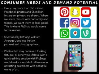• Every day more than 350 million
Facebook photos and 95 million
Instagram photos are shared. When
we share photos with our family and
friends, we want them to look good.
This is where PicSnap would come
to the rescue.
• User friendly DIY app will turn
Average Joes into instant
professional photographers.
• Photos that may come out looking
flat, dull or otherwise lifeless, with a
quick editing session with PicSnap
would make a world of difference in
attracting customers with beautiful
works of art.
C O N S U M E R N E E D S A N D D E M A N D P O T E N T I A L
 