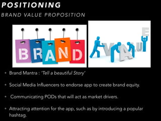 • Brand Mantra : ‘Tell a beautiful Story’
• Social Media Influencers to endorse app to create brand equity.
• Communicating PODs that will act as market drivers.
• Attracting attention for the app, such as by introducing a popular
hashtag.
P O S I T I O N I N G
B R A N D VA L U E P R O P O S I T I O N
 