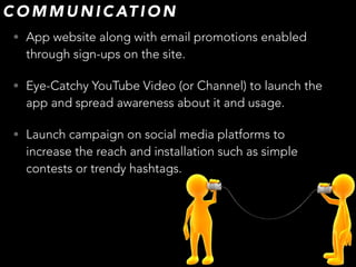 • App website along with email promotions enabled
through sign-ups on the site.
• Eye-Catchy YouTube Video (or Channel) to launch the
app and spread awareness about it and usage.
• Launch campaign on social media platforms to
increase the reach and installation such as simple
contests or trendy hashtags.
C O M M U N I C AT I O N
 