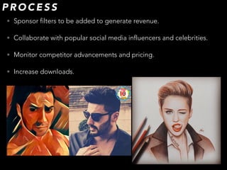 • Sponsor filters to be added to generate revenue.
• Collaborate with popular social media influencers and celebrities.
• Monitor competitor advancements and pricing.
• Increase downloads.
P R O C E S S
 