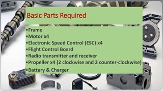 Basic Parts Required
Sunday, November 12, 2017 26
•Frame
•Motor x4
•Electronic Speed Control (ESC) x4
•Flight Control Board
•Radio transmitter and receiver
•Propeller x4 (2 clockwise and 2 counter-clockwise)
•Battery & Charger
 