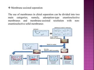 The use of membranes in chiral separation can be divided into two
main categories, namely, adsorption-type enantioselective
membranes and membrane-assisted resolution with non-
enantioselective solid membranes
 Membrane assisted seperation
 