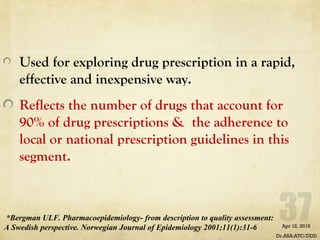 Used for exploring drug prescription in a rapid,
effective and inexpensive way.
Reflects the number of drugs that account for
90% of drug prescriptions & the adherence to
local or national prescription guidelines in this
segment.
Apr 12, 2016
Dr.ASA:ATC/DDD
*Bergman ULF. Pharmacoepidemiology- from description to quality assessment:
A Swedish perspective. Norwegian Journal of Epidemiology 2001;11(1):31-6
 