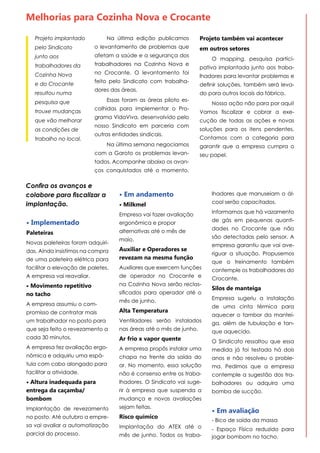 Melhorias para Cozinha Nova e Crocante
Projeto implantado
pelo Sindicato
junto aos
trabalhadores da
Cozinha Nova
e do Crocante
resultou numa
pesquisa que
trouxe mudanças
que vão melhorar
as condições de
trabalho no local.
Na última edição publicamos
o levantamento de problemas que
afetam a saúde e a segurança dos
trabalhadores na Cozinha Nova e
no Crocante. O levantamento foi
feito pelo Sindicato com trabalha-
dores das áreas.
Essas foram as áreas piloto es-
colhidas para implementar o Pro-
grama VidaViva, desenvolvido pelo
nosso Sindicato em parceria com
outras entidades sindicais.
Na última semana negociamos
com a Garoto os problemas levan-
tados. Acompanhe abaixo os avan-
ços conquistados até o momento.
• Implementado
Paleteiras
Novas paleteiras foram adquiri-
das. Ainda insistimos na compra
de uma paleteira elétrica para
facilitar a elevação de paletes.
A empresa vai reavaliar.
• Movimento repetitivo 	
no tacho
A empresa assumiu o com-
promisso de contratar mais
um trabalhador no posto para
que seja feito o revezamento a
cada 30 minutos.
A empresa fez avaliação ergo-
nômica e adquiriu uma espá-
tula com cabo alongado para
facilitar a atividade.
• Altura inadequada para
entrega da caçamba/
bombom
Implantação de revezamento
no posto. Até outubro a empre-
sa vai avaliar a automatização
parcial do processo.
• Em andamento
• Milkmel
Empresa vai fazer avaliação
ergonômica e propor
alternativas até o mês de
maio.
Auxiliar e Operadores se
revezam na mesma função
Auxiliares que exercem funções
de operador no Crocante e
na Cozinha Nova serão reclas-
sificados para operador até o
mês de junho.
Alta Temperatura
Ventiladores serão instalados
nas áreas até o mês de junho.
Ar frio x vapor quente
A empresa propôs instalar uma
chapa na frente da saída do
ar. No momento, essa solução
não é consenso entre os traba-
lhadores. O Sindicato vai suge-
rir à empresa que suspenda a
mudança e novas avaliações
sejam feitas.
Risco químico
Implantaçõa do ATEX até o
mês de junho. Todos os traba-
lhadores que manuseiam o ál-
cool serão capacitados.
Informamos que há vazamento
de gás em pequenas quanti-
dades no Crocante que não
são detectadas pelo sensor. A
empresa garantiu que vai ave-
riguar a situação. Propusemos
que o treinamento também
contemple os trabalhadores do
Crocante.
Silos de manteiga
Empresa sugeriu a instalação
de uma cinta térmica para
aquecer o tambor da mantei-
ga, além de tubulação e tan-
que aquecido.
O Sindicato ressaltou que essa
medida já foi testada há dois
anos e não resolveu o proble-
ma. Pedimos que a empresa
contemple a sugestão dos tra-
balhadores ou adquira uma
bomba de sucção.
• Em avaliação
- Bico de saída da massa
- Espaço Físico reduzido para
jogar bombom no tacho.
Projeto também vai acontecer
em outros setores
O mapping, pesquisa partici-
pativa implantada junto aos traba-
lhadores para levantar problemas e
definir soluções, também será leva-
do para outros locais da fábrica.
Nossa ação não para por aqui!
Vamos fiscalizar e cobrar a exe-
cução de todas as ações e novas
soluções para os itens pendentes.
Contamos com a categoria para
garantir que a empresa cumpra o
seu papel.
Confira os avanços e
colabore para fiscalizar a
implantação.
 