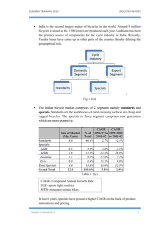 SUMMER TRAINING-2014 INDUSTRY REPORT
TANMOY CHAKRABORTY 3
 India is the second largest maker of bicycles in the world. Around 9 million
bicycles (valued at Rs. 1500 crore) are produced each year. Ludhiana has been
the primary source of components for the cycle industry in India. Recently,
Vendor bases have come up in other parts of the country thereby diluting the
geographical risk.
Fig 1.1(a)
 The Indian bicycle market comprises of 2 segments namely standards and
specials. Standards are the workhorses of rural economy as these are cheap and
rugged bicycles. The specials or fancy segment comprises new generation
which are more expensive.
Table 1.1(c)
In last 6 years, specials have posted a higher CAGR on the back of product
innovations and pricing.
CAGR- Compound Annual Growth Rate
SLR- sports light roadster
MTB- mountain terrain bikes
 