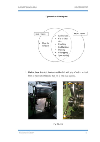 SUMMER TRAINING-2014 INDUSTRY REPORT
TANMOY CHAKRABORTY 36
Operation Venn diagram
1. Roll to form: flat steel sheets are cold rolled with help of rollers to bend
them to necessary shape and then cut to final size required.
Fig 2.2.1(t)
 Roll to form
 Cut to final
size
 Punching
 End bending
 Pressing
 Fit clipping
 Spot welding
 Hole for
reflector
REAR FENDER FRONT FENDER
 