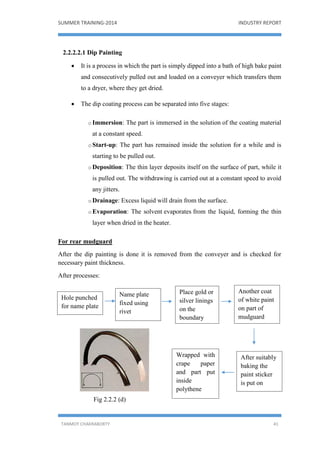 SUMMER TRAINING-2014 INDUSTRY REPORT
TANMOY CHAKRABORTY 41
2.2.2.2.1 Dip Painting
 It is a process in which the part is simply dipped into a bath of high bake paint
and consecutively pulled out and loaded on a conveyer which transfers them
to a dryer, where they get dried.
 The dip coating process can be separated into five stages:
o Immersion: The part is immersed in the solution of the coating material
at a constant speed.
o Start-up: The part has remained inside the solution for a while and is
starting to be pulled out.
o Deposition: The thin layer deposits itself on the surface of part, while it
is pulled out. The withdrawing is carried out at a constant speed to avoid
any jitters.
o Drainage: Excess liquid will drain from the surface.
o Evaporation: The solvent evaporates from the liquid, forming the thin
layer when dried in the heater.
For rear mudguard
After the dip painting is done it is removed from the conveyer and is checked for
necessary paint thickness.
After processes:
Fig 2.2.2 (d)
Hole punched
for name plate
Name plate
fixed using
rivet
Place gold or
silver linings
on the
boundary
Another coat
of white paint
on part of
mudguard
After suitably
baking the
paint sticker
is put on
Wrapped with
crape paper
and part put
inside
polythene
 