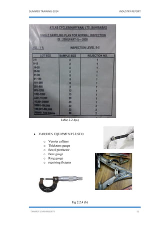 SUMMER TRAINING-2014 INDUSTRY REPORT
TANMOY CHAKRABORTY 52
Table 2.2.4(a)
 VARIOUS EQUIPMENTS USED
o Vernier calliper
o Thickness gauge
o Bevel protractor
o Bore gauge
o Ring gauge
o receiving fixtures
Fig 2.2.4 (b)
 
