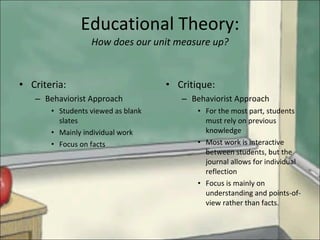Criteria: Behaviorist Approach Students viewed as blank slates Mainly individual work Focus on facts Critique: Behaviorist Approach For the most part, students must rely on previous knowledge Most work is interactive between students, but the journal allows for individual reflection Focus is mainly on understanding and points-of-view rather than facts. Educational Theory: How does our unit measure up? 
