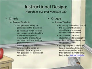 Instructional Design: How does our unit measure up? Criteria  Role of Student: Co-operative- willing to participate in the discussion. Be receptive- when teachers can engage a student and the student is receptive to learning, the process flows more smoothly and leads to great retention. Active & Attentive- be involved in the hands-on portions of the assignment.  Ask questions for clarification as needed. Critique Role of Student: By making discussion a part of the assessment rubric it is more likely to encourage student cooperativeness.  To complete this ATM, students have to be receptive to the communication of new and differing ideas. By requiring the students to keep a journal and maintain email correspondence with their partner, they are being kept active.  journal checklist 