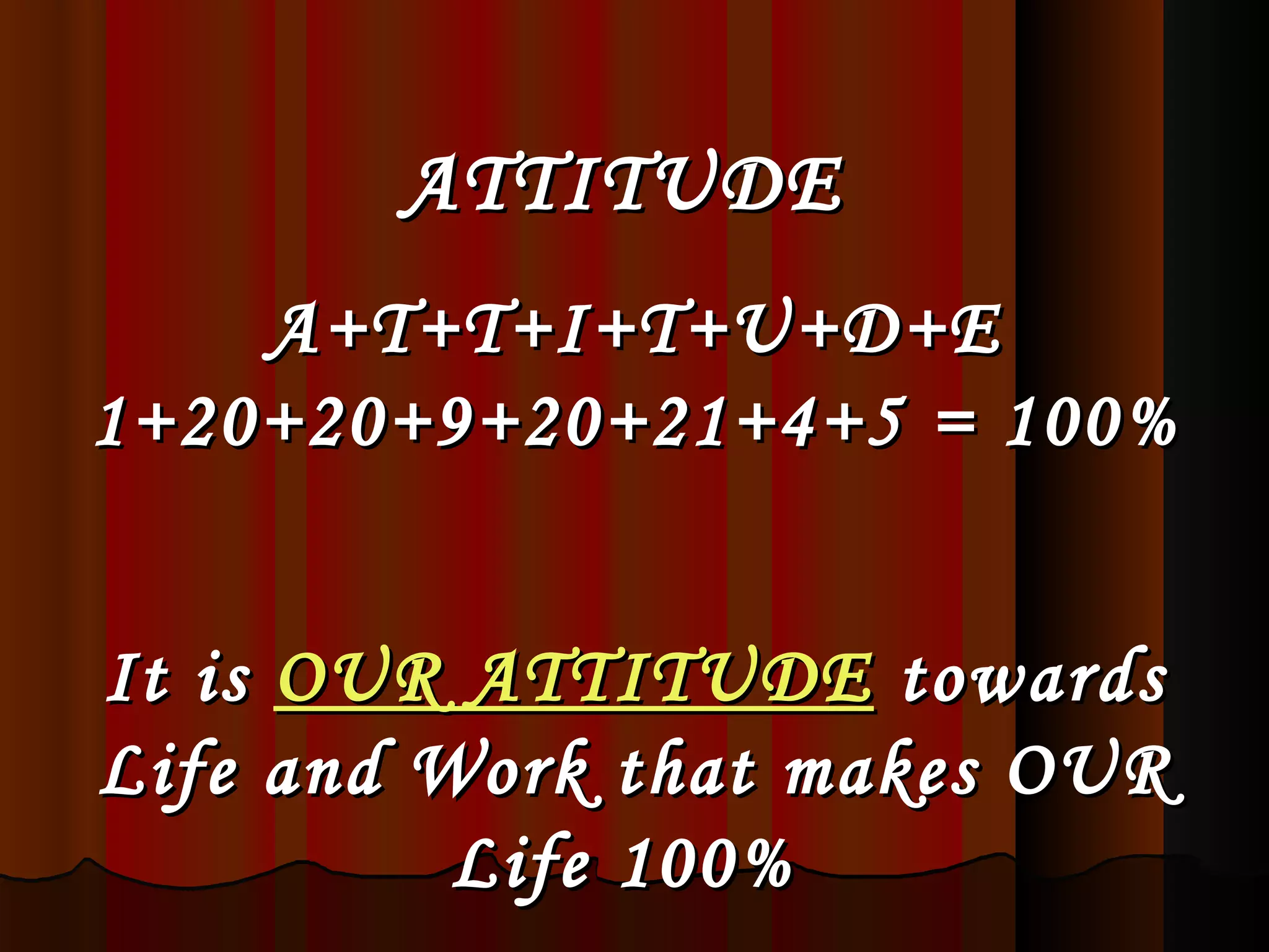 ATTITUDE   A+T+T+I+T+U+D+E 1+20+20+9+20+21+4+5 = 100% It is  OUR ATTITUDE  towards Life and Work that makes OUR Life 100%   