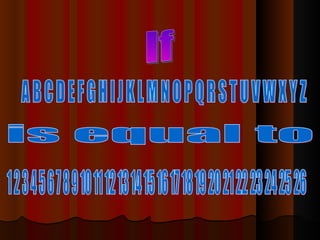 If A B C D E F G H I J K L M N O P Q R S T U V W X Y Z is equal to 1 2 3 4 5 6 7 8 9 10 11 12 13 14 15 16 17 18 19 20 21 22 23 24 25 26  
