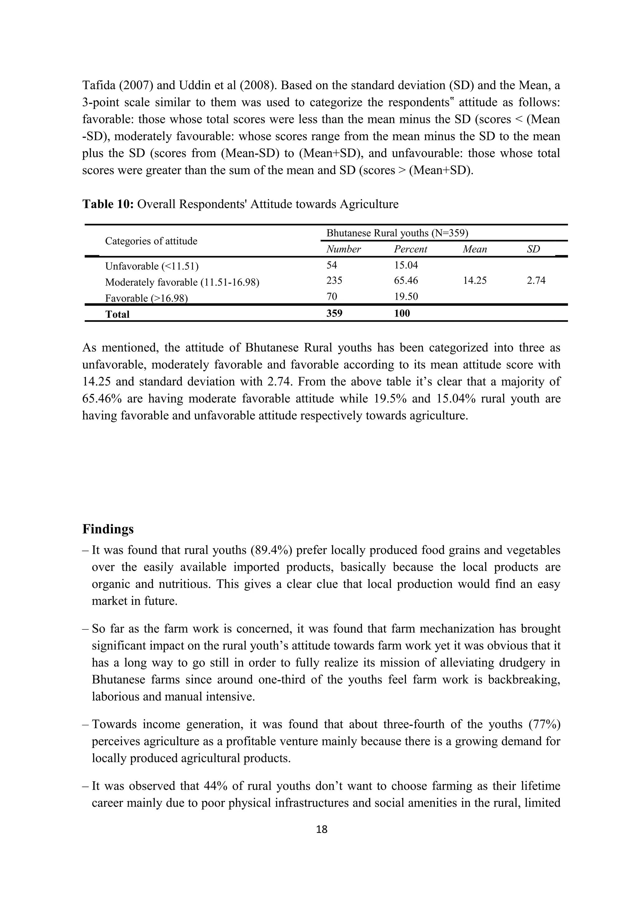 Tafida (2007) and Uddin et al (2008). Based on the standard deviation (SD) and the Mean, a
3-point scale similar to them was used to categorize the respondents‟ attitude as follows:
favorable: those whose total scores were less than the mean minus the SD (scores < (Mean
-SD), moderately favourable: whose scores range from the mean minus the SD to the mean
plus the SD (scores from (Mean-SD) to (Mean+SD), and unfavourable: those whose total
scores were greater than the sum of the mean and SD (scores > (Mean+SD).

Table 10: Overall Respondents' Attitude towards Agriculture

                                                Bhutanese Rural youths (N=359)
    Categories of attitude
                                                Number        Percent        Mean       SD
    Unfavorable (<11.51)                        54            15.04
    Moderately favorable (11.51-16.98)          235           65.46          14.25      2.74
    Favorable (>16.98)                          70            19.50
    Total                                       359           100


As mentioned, the attitude of Bhutanese Rural youths has been categorized into three as
unfavorable, moderately favorable and favorable according to its mean attitude score with
14.25 and standard deviation with 2.74. From the above table it’s clear that a majority of
65.46% are having moderate favorable attitude while 19.5% and 15.04% rural youth are
having favorable and unfavorable attitude respectively towards agriculture.




Findings
– It was found that rural youths (89.4%) prefer locally produced food grains and vegetables
  over the easily available imported products, basically because the local products are
  organic and nutritious. This gives a clear clue that local production would find an easy
  market in future.

– So far as the farm work is concerned, it was found that farm mechanization has brought
  significant impact on the rural youth’s attitude towards farm work yet it was obvious that it
  has a long way to go still in order to fully realize its mission of alleviating drudgery in
  Bhutanese farms since around one-third of the youths feel farm work is backbreaking,
  laborious and manual intensive.

– Towards income generation, it was found that about three-fourth of the youths (77%)
  perceives agriculture as a profitable venture mainly because there is a growing demand for
  locally produced agricultural products.

– It was observed that 44% of rural youths don’t want to choose farming as their lifetime
  career mainly due to poor physical infrastructures and social amenities in the rural, limited

                                              18
 