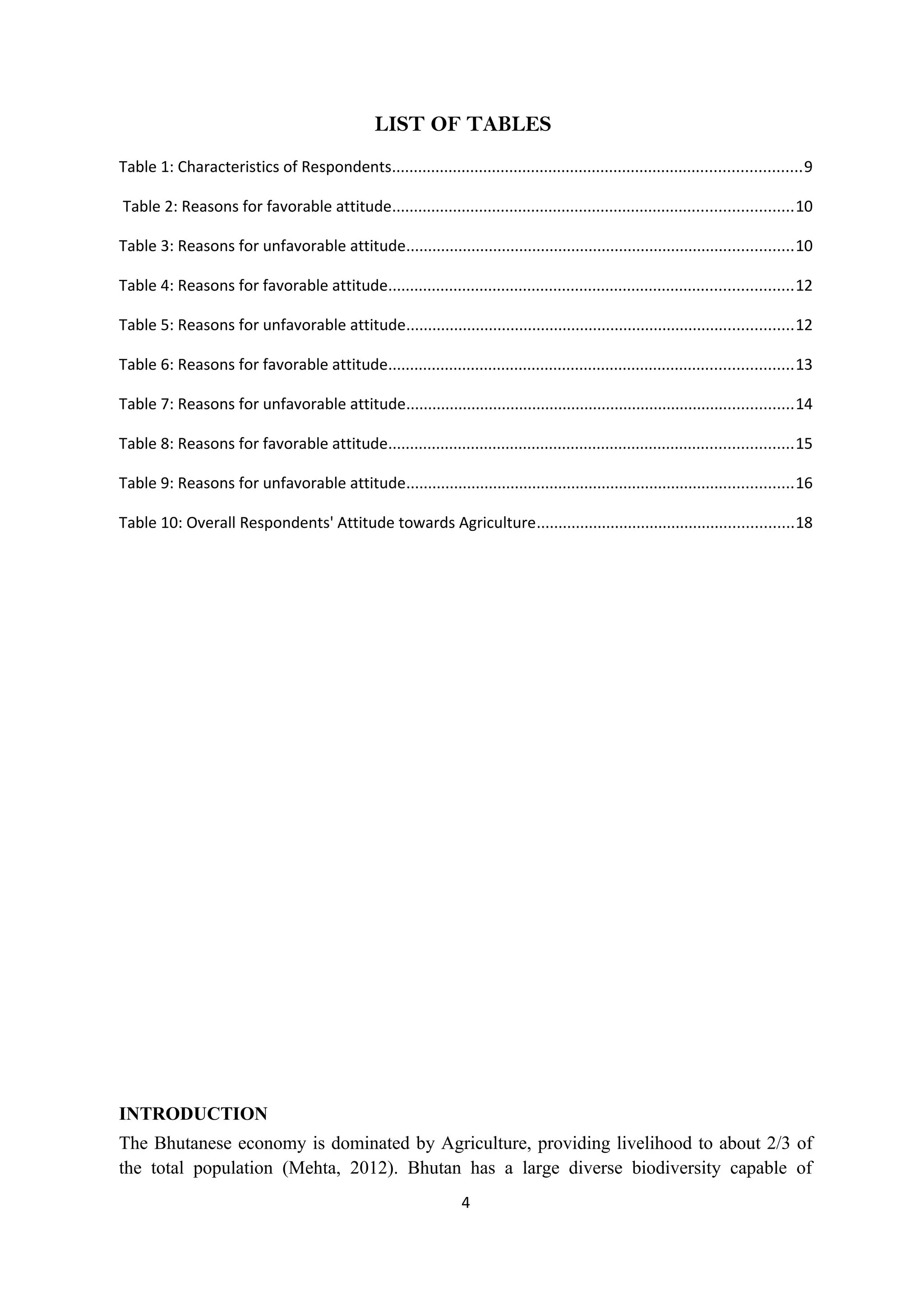 LIST OF TABLES
Table 1: Characteristics of Respondents..............................................................................................9

Table 2: Reasons for favorable attitude............................................................................................10

Table 3: Reasons for unfavorable attitude.........................................................................................10

Table 4: Reasons for favorable attitude.............................................................................................12

Table 5: Reasons for unfavorable attitude.........................................................................................12

Table 6: Reasons for favorable attitude.............................................................................................13

Table 7: Reasons for unfavorable attitude.........................................................................................14

Table 8: Reasons for favorable attitude.............................................................................................15

Table 9: Reasons for unfavorable attitude.........................................................................................16

Table 10: Overall Respondents' Attitude towards Agriculture...........................................................18




INTRODUCTION
The Bhutanese economy is dominated by Agriculture, providing livelihood to about 2/3 of
the total population (Mehta, 2012). Bhutan has a large diverse biodiversity capable of
                                                                  4
 