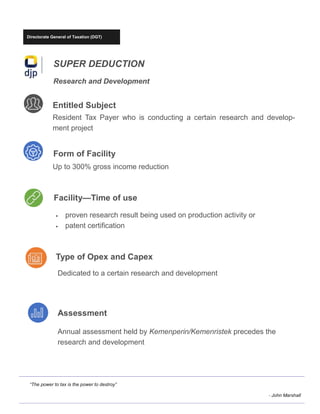 Directorate General of Taxation (DGT)
SUPER DEDUCTION
Research and Development
“The power to tax is the power to destroy”
- John Marshall
Entitled Subject
Resident Tax Payer who is conducting a certain research and develop-
ment project
Form of Facility
Up to 300% gross income reduction
Facility—Time of use
Dedicated to a certain research and development
• proven research result being used on production activity or
• patent certification
Type of Opex and Capex
Assessment
Annual assessment held by Kemenperin/Kemenristek precedes the
research and development
 
