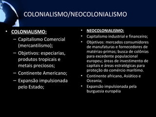 COLONIALISMO/NEOCOLONIALISMO

• COLONIALISMO:                •   NEOCOLONIALISMO:
                               •   Capitalismo industrial e financeiro;
   – Capitalismo Comercial
                               •   Objetivos: mercados consumidores
     (mercantilismo);              de manufaturas e fornecedores de
   – Objetivos: especiarias,       matérias-primas; busca de colônias
                                   para excedente populacional
     produtos tropicais e          europeu; áreas de investimento de
     metais preciosos;             capitais e áreas estratégicas para
                                   proteção do comércio marítimo.
   – Continente Americano;
                               •   Continente africano, Asiático e
   – Expansão impulsionada         Oceania;
     pelo Estado;              •   Expansão impulsionada pela
                                   burguesia européia
 