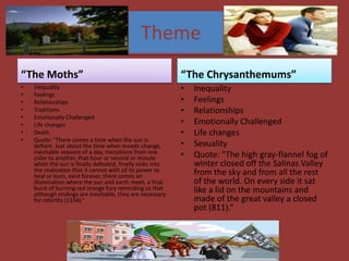 Theme
“The Moths”                                                “The Chrysanthemums”
•   Inequality                                             •   Inequality
•   Feelings
•   Relationships                                          •   Feelings
•   Traditions                                             •   Relationships
•   Emotionally Challenged
•   Life changes                                           •   Emotionally Challenged
•   Death                                                  •   Life changes
•   Quote: "There comes a time when the sun is
    defiant. Just about the time when moods change,        •   Sexuality
    inevitable seasons of a day, transitions from one
    color to another, that hour or second or minute        •   Quote: "The high gray-flannel fog of
    when the sun is finally defeated, finally sinks into       winter closed off the Salinas Valley
    the realization that it cannot with all its power to       from the sky and from all the rest
    heal or burn, exist forever, there comes an
    illumination where the sun and earth meet, a final         of the world. On every side it sat
    burst of burning red orange fury reminding us that         like a lid on the mountains and
    although endings are inevitable, they are necessary
    for rebirths (1334).“                                      made of the great valley a closed
                                                               pot (811).“
 