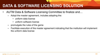 DATA & SOFTWARE LICENSING SOLUTION
• AUTM Data & Software Licensing Committee to finalize and…
– Adopt the master agreemen...