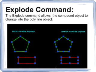 Explode Command:
The Explode command allows the compound object to
change into the poly line object.
 