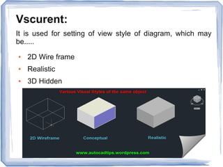 Vscurent:
It is used for setting of view style of diagram, which may
be.....
● 2D Wire frame
● Realistic
● 3D Hidden
 