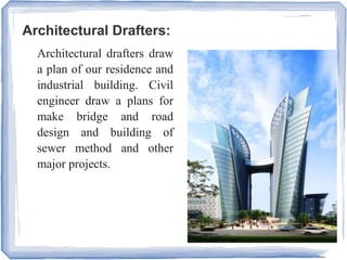 Architectural Drafters:
Architectural drafters draw
a plan of our residence and
industrial building. Civil
engineer draw a plans for
make bridge and road
design and building of
sewer method and other
major projects.
 