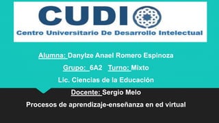 Alumna: Danylze Anael Romero Espinoza
Grupo: 6A2 Turno: Mixto
Lic. Ciencias de la Educación
Docente: Sergio Melo
Procesos de aprendizaje-enseñanza en ed virtual
 