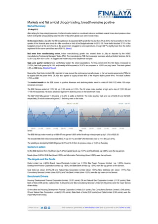 Markets end flat amidst choppy trading; breadth remains positive
Market Summary
01-Aug-2012
After rallying for three straight sessions, the benchmarks started on a subdued note and oscillated several times about previous close
before ending flat. Choppy trading was the order of day when global cues were mostly mixed.

On the macro front, a day after the RBI brought down its expected GDP growth for the year from 7% to 6.5%, the fiscal deficit in the first
quarter of this financial year stood at a little more than a third of the Budget estimate for 2012-13. Fiscal deficit touched 37.1% of the
budgeted amount at the end of June as the government struggled to curb expenditures, though itâ€™s slightly lower than the deficit
registered for the same period last year of 39.4%. (News)

Bad news from manufacturing sector, Indian manufacturing growth has slowed down in July as depicted by the HSBC
manufacturing Purchasing Managers' Index (PMI). The manufacturing PMI, that measures business activity at India's factories, fell to
52.9 in July, from 55 in June -- its biggest one-month drop since September last year.

Cipla June quarter numbers have comfortably beaten the street expectations. For the period while the Net Sales increased by
23.05%, Net Profit grown by 58.19% and thereby NPM improved to 20.47% as compared to 15.92% on y-o-y basis. The stock gained
4.4% on BSE today. (Detailed Result)

Meanwhile, Coal India Limited (CIL) reported to have revised the controversial penalty clause in the fuel supply agreements (FSAs) to
be signed with the power firms. CIL has also agreed to supply at least 80% of the required fuel to power firms. The stock suffered
2.73% on BSE.
The market breadth on the BSE closed in positive. Advances and declining stocks were in a ratio of 1649:1122 while 135 scrips
remained unmoved.
The BSE Sensex ended at 17257.38, up 21.20 points or 0.12%. The 30 share index touched a high and a low of 17291.99 and
17189.16 respectively. 16 stocks advanced against 14 declining ones on the benchmark index.
The S&P CNX Nifty gained 11.50 points or 0.22% to settle at 5240.50. The index touched high and low of 5246.35 and 5212.65
respectively. 29 stocks advanced against 21 declining ones on the index.




Sensex                                                               Nifty

The BSE Mid-cap index moved up to 6069.67 and gained 0.95% while Small-cap index jumped up by 1.12% to 6520.30.

The broader BSE 500 index increased to 6632.78 (up 0.41%) and S&P CNX 500 index rose to 4141.85 (up 0.37%).
The volatility as denoted by INDIA VIX gained 2.75% at 16.45 from its previous close of 16.01 on Tuesday.
Sectors in action
On the BSE Sectorial front, Healthcare (up 1.32%), Capital Goods (up 1.07%) and Real Estate (up 0.88%) were the top gainers.
Metals (down 0.69%), Oil & Gas (down 0.35%) and Information Technology (down 0.34%) were the top losers.
The Angels and the Devils
Cipla Limited (up 4.40%), Bharat Heavy Electricals Limited (up 2.13%), T Power Company Limited (up 1.63%), Housing
                                                                            ata
Development Finance Corporation Limited (up 1.60%) and State Bank of India (up 1.37%) were the top gainers on the Sensex.
Coal India Ltd. (down 2.73%), Oil and Natural Gas Corporation Limited (down 1.94%), Hero MotoCorp Ltd. (down 1.71%), Tata
Consultancy Services Limited (down 1.05%) and Tata Steel Limited (down 1.03%) were the top losers on the Sensex.
Benchmark Drivers
Housing Development Finance Corporation Limited (18.51 points), Oil and Natural Gas Corporation Limited (-11.30 points), State
Bank of India (9.88 points), Cipla Limited (9.25 points) and T Consultancy Services Limited (-9.12 points) were the major Sensex
                                                              ata
drivers today.

On the other end Housing Development Finance Corporation Limited (3.81 points), T Consultancy Services Limited (-3.46 points),
                                                                                   ata
Oil and Natural Gas Corporation Limited (-3.10 points), State Bank of India (2.65 points) and Cipla Limited (2.49 points) were the
major Nifty movers today.




 Follow us on                                 This content is generated at www.finalaya.com and is governed by the Terms of Use.
 
