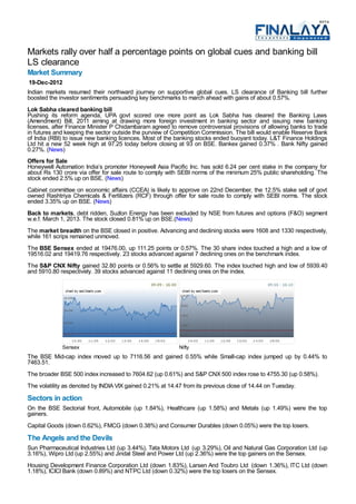 Markets rally over half a percentage points on global cues and banking bill
LS clearance
Market Summary
 19-Dec-2012
Indian markets resumed their northward journey on supportive global cues. LS clearance of Banking bill further
boosted the investor sentiments persuading key benchmarks to march ahead with gains of about 0.57%.
Lok Sabha cleared banking bill
Pushing its reform agenda, UPA govt scored one more point as Lok Sabha has cleared the Banking Laws
(Amendment) Bill, 2011 aiming at drawing more foreign investment in banking sector and issuing new banking
licenses, after Finance Minister P Chidambaram agreed to remove controversial provisions of allowing banks to trade
in futures and keeping the sector outside the purview of Competition Commission. The bill would enable Reserve Bank
of India (RBI) to issue new banking licences. Most of the banking stocks ended buoyant today. L&T Finance Holdings
Ltd hit a new 52 week high at 97.25 today before closing at 93 on BSE. Bankex gained 0.37% . Bank Nifty gained
0.27%. (News)
Offers for Sale
Honeywell Automation India’s promoter Honeywell Asia Pacific Inc. has sold 6.24 per cent stake in the company for
about Rs 130 crore via offer for sale route to comply with SEBI norms of the minimum 25% public shareholding. The
stock ended 2.5% up on BSE. (News)
Cabinet committee on economic affairs (CCEA) is likely to approve on 22nd December, the 12.5% stake sell of govt
owned Rashtriya Chemicals & Fertilizers (RCF) through offer for sale route to comply with SEBI norms. The stock
ended 3.35% up on BSE. (News)
Back to markets, debt ridden, Suzlon Energy has been excluded by NSE from futures and options (F&O) segment
w.e.f. March 1, 2013. The stock closed 0.81% up on BSE.(News)
The market breadth on the BSE closed in positive. Advancing and declining stocks were 1608 and 1330 respectively,
while 161 scrips remained unmoved.
The BSE Sensex ended at 19476.00, up 111.25 points or 0.57%. The 30 share index touched a high and a low of
19516.02 and 19419.76 respectively. 23 stocks advanced against 7 declining ones on the benchmark index.
The S&P CNX Nifty gained 32.80 points or 0.56% to settle at 5929.60. The index touched high and low of 5939.40
and 5910.80 respectively. 39 stocks advanced against 11 declining ones on the index.




             Sensex                                        Nifty
The BSE Mid-cap index moved up to 7116.56 and gained 0.55% while Small-cap index jumped up by 0.44% to
7463.51.
The broader BSE 500 index increased to 7604.62 (up 0.61%) and S&P CNX 500 index rose to 4755.30 (up 0.58%).
The volatility as denoted by INDIA VIX gained 0.21% at 14.47 from its previous close of 14.44 on Tuesday.
Sectors in action
On the BSE Sectorial front, Automobile (up 1.84%), Healthcare (up 1.58%) and Metals (up 1.49%) were the top
gainers.
Capital Goods (down 0.62%), FMCG (down 0.38%) and Consumer Durables (down 0.05%) were the top losers.
The Angels and the Devils
Sun Pharmaceutical Industries Ltd (up 3.44%), Tata Motors Ltd (up 3.29%), Oil and Natural Gas Corporation Ltd (up
3.16%), Wipro Ltd (up 2.55%) and Jindal Steel and Power Ltd (up 2.36%) were the top gainers on the Sensex.
Housing Development Finance Corporation Ltd (down 1.83%), Larsen And Toubro Ltd (down 1.36%), ITC Ltd (down
1.18%), ICICI Bank (down 0.89%) and NTPC Ltd (down 0.32%) were the top losers on the Sensex.
 
