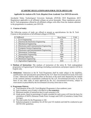 ACADEMIC REGULATIONS (R19) FOR B. TECH. (REGULAR)
Applicable for students of B. Tech. (Regular) from Academic Year 2019-20 onwards
Jawaharlal Nehru Technological University Kakinada (JNTUK) 2019 Regulations (R19
Regulations) applicable to all affiliated colleges are given hereunder. These regulations govern
the B. Tech programmes offered by all affiliated colleges with effect from the students admitted
to the programmes in academic year 2019-20.
1. Courses of study:
The following courses of study are offered at present as specializations for the B. Tech.
Courses in the jurisdiction of all affiliated colleges of JNTUK.
2. Medium of Instruction: The medium of instruction of the entire B. Tech undergraduate
programme in Engineering & Technology (including examinations and project reports) will be in
English only.
3. Admissions: Admission to the B. Tech Programme shall be made subject to the eligibility,
qualifications and specialization prescribed by the A.P. State Government/University from time
to time. Admissions shall be made either on the basis of the merit rank obtained by the student
in the common entrance examination conducted by the A.P. Government/University or on the
basis of any other order of merit approved by the A.P. Government/University, subject to
reservations as prescribed by the Government/University from time to time.
4. Programme Pattern:
a) Total duration of the of B. Tech (Regular) Programme is four academic years
b) Each Academic year of study is divided in to two semesters.
c) Minimum number of instruction days in each semester is 90.
d) Grade points, based on percentage of marks awarded for each course will form the basis for
calculation of SGPA (Semester Grade Point Average) and CGPA (Cumulative Grade Point
Average).
e) The total credits for the Programme is 160.
f) Induction program is mandatory for all first year UG students and shall be conducted as per
AICTE/UGC guidelines.
S. NoBranch Short Name Code
1 Civil Engineering CE 01
2 Electrical & Electronics Engineering EEE 02
3 Mechanical Engineering ME 03
4 Electronics and Communication Engineering ECE 04
5 Computer Science Engineering CSE 05
6 Electronics and Instrumentation Engineering EIE 10
7 Information Technology IT 12
8 Automobile Engineering AME 24
9 Mining Engineering MM 26
10 Petroleum Engineering PE 27
11 Agriculture Engineering AGE 35
 