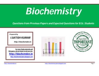 http://biochemden.in http://biochemistryden.blogspot.com Page 1
Biochemistry
Questions from Previous Papers and Expected Questions for B.Sc. Students
Prepared by
I.SATISH KUMAR
http://biochemden.in
For more Study materials and
Old papers, do not forget to visit our site:
http://biochemden.in
http://biochemistryden.blogspot.com
 