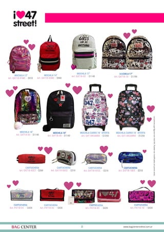 20
CARTUCHERA
Art. P4718-01 · $420
CARTUCHERA
Art. P4718-02 · $420
CARTUCHERA
Art. P4718-03 · $420
CARTUCHERA
Art. P4718-10 · $420
CARTUCHERA
Art. Q4718-10CC · $310
MOCHILA CARRO 18¨ OFERTA
Art. Q47-09CARRO · $1250
MOCHILA CARRO 18¨ OFERTA
Art. Q47-05CARRO · $1250
CARTUCHERA
Art. Q4718-01CC · $310
CARTUCHERA
Art. Q4718-02CT · $260
MOCHILA 18”
Art. Q4718-05 · $1140
MOCHILA 12”
Art. Q4718-01MC · $910
MOCHILA 14”
Art. Q4718-02MC · $960
CARTUCHERA
Art. Q4718-05CC · $310
MOCHILA 17”
Art. Q4718-02 · $1140
MOCHILA 18”
Art. Q4718-03 · $1140
MOCHILA 17”
Art. Q4718-10 · $1190
 