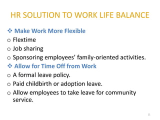 HR SOLUTION TO WORK LIFE BALANCE
11
 Make Work More Flexible
o Flextime
o Job sharing
o Sponsoring employees’ family-oriented activities.
 Allow for Time Off from Work
o A formal leave policy.
o Paid childbirth or adoption leave.
o Allow employees to take leave for community
service.
 
