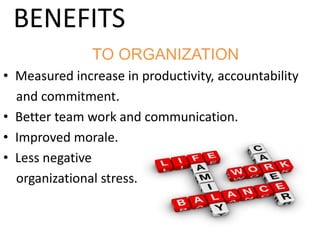 BENEFITS
TO ORGANIZATION
• Measured increase in productivity, accountability
and commitment.
• Better team work and communication.
• Improved morale.
• Less negative
organizational stress.
 