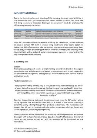 IE	
  Business	
  School	
  

IMPLEMENTATION	
  PLAN	
  
	
  
Due	
  to	
  the	
  context	
  and	
  present	
  situation	
  of	
  the	
  company,	
  the	
  most	
  important	
  thing	
  is	
  
to	
  start	
  with	
  the	
  basics,	
  go	
  to	
  the	
  consumer	
  needs,	
  and	
  find	
  out	
  what	
  they	
  value.	
  The	
  
first	
   thing	
   to	
   do	
   is	
   to	
   reposition	
   Brannigan	
   in	
   consumers’	
   minds	
   by	
   analyzing	
   the	
  
different	
  segments	
  of	
  the	
  market.	
  	
  
	
  

	
  
	
  
From	
  the	
  consumer	
  information	
  research	
  made	
  by	
  Mr.	
  DeGennaro,	
  38%	
  of	
  millenials	
  
eat	
  soup	
  as	
  a	
  snack,	
  78%	
  think	
  of	
  soup	
  as	
  being	
  healthy	
  and	
  a	
  low	
  calorie	
  option	
  for	
  
dieting,	
  and	
  61%	
  of	
  consumers	
  take	
  low	
  sodium	
  into	
  account	
  when	
  purchasing.	
  Even	
  
though	
  Baby	
  Boomers	
  are	
  the	
  biggest	
  market	
  and	
  most	
  profitable,	
  the	
  tendency	
  in	
  the	
  
future	
   is	
   that	
   it	
   will	
   be	
   reduced,	
   so	
   targeting	
   younger	
   segments	
   is	
   important	
   for	
   the	
  
long-­‐term	
  growth	
  of	
  the	
  company.	
  
	
  
	
  
1.	
  Marketing	
  Mix	
  
	
  
Product	
  
The	
   branding	
   strategy	
   will	
   consist	
   of	
   implementing	
   an	
   umbrella	
   brand	
   of	
   Brannigan’s	
  
soup	
   division	
   that	
   will	
   give	
   emotional	
   values	
   to	
   the	
   products	
   and	
   brands	
   targeted	
   to	
  
the	
  different	
  market	
  segments.	
  These	
  products	
  will	
  include	
  functional	
  benefits	
  that	
  will	
  
satisfy	
  their	
  needs.	
  
	
  
Positioning	
  statement:	
  
	
  
“For	
  people	
  who	
  enjoy	
  healthy,	
  easy	
  to	
  cook,	
  savory	
  food,	
  Brannigan's	
  Soup	
  is	
  a	
  brand	
  
of	
  soups	
  that	
  offers	
  convenient,	
  varied,	
  trustworthy,	
  and	
  very	
  good	
  quality	
  soups	
  that	
  
allows	
  customers	
  to	
  enjoy	
  meals	
  while	
  taking	
  care	
  of	
  their	
  health	
  and	
  to	
  save	
  time	
  at	
  
very	
  competitive	
  prices	
  based	
  on	
  its	
  experience	
  as	
  leader	
  in	
  the	
  category	
  and	
  its	
  
innovative	
  products”	
  
	
  
Based	
  on	
  this	
  positioning	
  statement,	
  the	
  company	
  must	
  enter	
  the	
  21st	
  century	
  with	
  a	
  
strong	
   argument	
   that	
   will	
   reclaim	
   their	
   position	
   as	
   leader	
   of	
   the	
   market	
   providing	
   a	
  
better	
  life	
  quality	
  offering	
  through	
  their	
  products	
  and	
  services.	
  (The	
  market	
  research	
  
showed	
  they	
  fell	
  back	
  on	
  health	
  trends,	
  diet	
  claims,	
  convenient	
  offerings,	
  flavors,	
  and	
  
seasonal	
  products,	
  which	
  are	
  growing	
  trends).	
  
	
  
The	
   R&D	
   products	
   will	
   be	
   divided	
   into	
   the	
   previously	
   stated	
   segments	
   and	
   will	
   provide	
  
Brannigan	
   with	
   a	
   Diversification	
   Strategy	
   based	
   on	
   Ansoff’s	
   Matrix	
   since	
   the	
   market	
  
trends	
   are	
   not	
   mature	
   enough	
   yet,	
   and	
   the	
   products	
   will	
   be	
   introduced	
   as	
   new	
  
innovations.	
  
	
  
Juan	
  Manuel	
  Restrepo	
  Davies	
  
Mª	
  Concepción	
  Aragonés	
  Cabeza	
  

8	
  

 