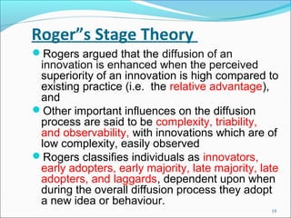 Roger”s Stage Theory
Rogers argued that the diffusion of an
 innovation is enhanced when the perceived
 superiority of an...