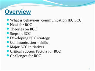 Overview
What is behaviour, communication,IEC,BCC
Need for BCC
Theories on BCC
Steps in BCC
Developing BCC strategy
...