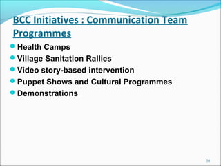 BCC Initiatives : Communication Team
Programmes
Health Camps
Village Sanitation Rallies
Video story-based intervention
...