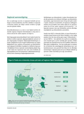 Regional sammenligning                                                             Befolkningen og virksomheder i region Hovedstaden har
                                                                                   på alle parametre, der definerer forbruger- og virksomheds-
For at undersøge om der er regionale forskelle på om-                              anvendelse, taget internettet mere til sig end andre steder
fanget af internetaktivitet, har BCG udviklet et regionalt                         i landet. Omtrent tre fjerdedele af regionens indbyggere
e-intensity indeks, der følger samme struktur og logik                             mellem 16 og 74 købte varer online sidste år (vs. gennem-
som det globale indeks.                                                            snittet for de fire andre regioner på 64 procent).24 Et
                                                                                   lignende mønster viser sig i forbindelse med de offentlige
Hovedkonklusionen er, at der er stor lighed mellem de                              myndigheder og virksomheders anvendelse.
danske regioner. Regioner Hovedstaden er dog mere e-
intens end de fire andre regioner. (Se figur 6.)                                   Samlet viser BCG’s e-Intensity Index, at mens Danmark er
                                                                                   særdeles langt fremme på de fleste områder, er der stadig
Med tilgængelig fastnetsbredbånd i hele landet består for-                         punkter, hvor der kan og bør gøres noget. Virksomheder –
skellene mellem regionale adgangsmuligheder primært af                             og især SMV’er – bør opfordres til at gribe de muligheder,
den tilgængelige hastighed. Højhastighedsdækningen er                              som e-handel giver, og bør samtidig gøre sig klart, hvilket
bedst i Sydjylland (en del af region Syddanmark) og i region                       potentielt tab af konkurrenceevne det medfører, såfremt de
Midtjylland, hvor andelen af husstande og virksomheder                             ikke griber mulighederne. Der kan stadig gøres en indsats
med adgang til 100 Mbit/s hastighed er dobbelt så høj som                          for at forbedre den underliggende infrastruktur, især i ud-
i Nordjylland. Denne regionale sammenligning skjuler dog,                          kantskommuner, men generelt bør fokus for de offentlige
at der inden for regionerne kan være store forskelle på                            investeringer i stigende grad være på at tilbyde indhold og
tilgængelighed, hvor især kommuner i udkantsdanmark typ-                           tjenester online med fokus på at øge anvendelsen.
isk har lavere dækning af højhastighedsnetværk.
                                                                                   24. CEDI 2010.



  Figur 6. Trods ens e-intensity niveau på tværs af regioner fører hovedstaden




                                      Nordjylland

                                                                                                          Hovedstaden             150


                                                                                                           Syddanmark             140

                           Midtjylland
                                                                                                            Midtjylland           138

                                                                             Hovedstaden
                                                                                                               Sjælland           131

                       Syddanmark                                 Sjælland
                                                                                                            Nordjylland           125




  Kilder: CEDI; Danmarks Statistik; Bredbåndskortlægningen; BCG-analyse.
  Bemærk: Eftersom det regionale e-intensity indeks er udviklet i hvert enkelt land baseret på individuelle indekser, er det ikke muligt at sammenligne
  regionale e-intensitetsscorer på tværs af nationer.




Danmark online                                                                                                                                            17
 