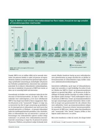 Figur 8. SMV’er med mindre internetkendskab har flere måder, hvorpå de kan øge antallet
  af interaktionspunkter med kunder

    % af virksomheder

    100
                            89
     80

                60
     60                                                57

                                                                   40                                   43
     40                                                                                                                                          36
                                          33                                                35                       35
                                                  28
                                                                                                                                 21
     20                                                                                17                                                   15
                                     12                       13                                    9           10
            4           7                                                      6
                                                                           2                                                 3
      0

                          E-mail,                Præsentation                        Mulighed
          Optimering                                           Bruger- Salgssupport                                         Sporing
                        bannerrek-    Sociale          af                                for        Online       Online                    E ersalgs
           af søge-                                                         via                                                af
                          lamer,      medier       produkter vurderinger live chat   tilpasning    bestilling   betaling                    support
           maskiner                                                                                                        leveringer
                         Adwords                   og priser                        af produkter



                  Markedsføring                   Markedsføring                             Salg                           Service og eer-
                 (andre websider)                 (egen webside)                                                            salgssupport
                                                                                                                     Basis og lavbrugere
                                                                                                                     Avancerede og øvede brugere
  Kilder: BCG’s SMV-undersøgelse; BCG-analyse.
  Bemærk: n=457.




Danske SMV’er ser en målbar effekt ved at anvende inter-                       mænd, tilbyder kunderne hurtig og nem ordreafgivelse,
nettet. De primære fordele er vækst (43 procent af respon-                     nem administration og sørger desuden for en direkte in-
denterne vurderer, at internettet har genereret øget omsæt-                    formationsstrøm til virksomhedens lager, hvilket redu-
ning) og forbedret omsætning pr. medarbejder (40 procent                       cerer administrationsomkostningerne.
har forbedret produktiviteten). Internettet har endvidere
potentiale til at reducere virksomheders omkostningsbase,                      Internettets indflydelse, og de typer af virksomhedsstra-
men kun et mindretal (19 procent) af SMV’erne mente, at                        tegier, der anvendes, er også forskellige fra sektor til sek-
dette var en væsentlig fordel ved internettet.                                 tor. Således har SMV’er i hotel- og restaurationssektoren
                                                                               oplevet en specielt høj effekt – og 78 procent af alle be-
Ovenstående tal dækker over variationer inden for de fire                      stillinger til danske hoteller foretages nu online, hvilket er
niveauer af internetanvendelse. (Se figur 9.) Ikke over-                       den højeste andel i Europa.30 Vores undersøgelse viser, at
raskende viser undersøgelsen, at de mest sofistikerede                         77 procent af SMV’erne i hotel- og restaurationssektoren
SMV’er har draget mest fordel af deres engagement. Næs-                        har øget omsætningen grundet internettet. Dette er dob-
ten 60 procent af de ”avancerede” brugere er enige om,                         belt så meget som gennemsnittet for alle sektorer. Den
at internettet har ført til øget omsætning og produktivi-                      store udbredelse i hotel- og restaurationssektoren afspej-
tet. Et eksempel på en virksomhed, som med succes har                          les naturligvis i firmaernes relative internetanvendelse.
anvendt internettet, er Vilofarm – en grossist virksomhed                      94 procent af SMV’erne i denne sektor kan klassificeres
inden for landbrugsrelaterede produkter, f.eks. dyrefoder.                     som ”avancerede” eller ”øvede” brugere, hvilket er den
Efter at virksomheden har sat internettet i centrum af                         højeste andel observeret i en sektor.
forretningen har virksomheden oplevet tocifret årlige
vækstrater i en periode, hvor virksomhedens internet-                          Men selve hotellerne er ikke de eneste, der drager fordel
baserede omsætning er steget fra 10 procent til næsten
70 procent. Vilofarm, som primært sælger til danske land-                      30. IAB Europe / Google Consumer Commerce Barometer.


Danmark online                                                                                                                                         23
 
