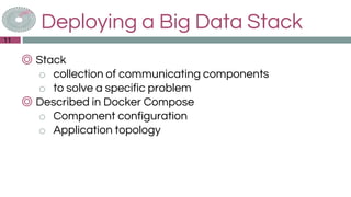 Deploying a Big Data Stack
◎ Stack
o collection of communicating components
o to solve a specific problem
◎ Described in Docker Compose
o Component configuration
o Application topology
11
 