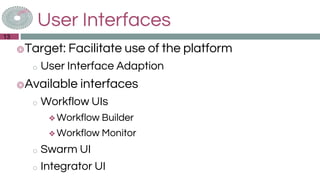 User Interfaces
◎Target: Facilitate use of the platform
o User Interface Adaption
◎Available interfaces
o Workflow UIs
❖ Workflow Builder
❖ Workflow Monitor
o Swarm UI
o Integrator UI
13
 