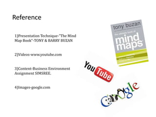 Reference
1)Presentation Technique-”The Mind
Map Book”-TONY & BARRY BUZAN
2)Videos-www.youtube.com
3)Content-Business Environment
Assignment SIMSREE.
4)Images-google.com
 